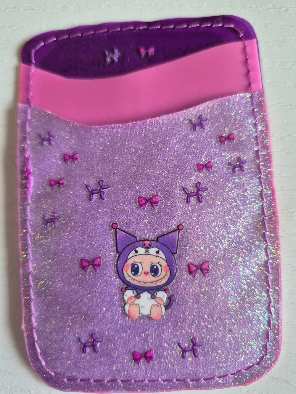 Purple glitter bows and balloon dogs phone wallet w/ 2 card slots